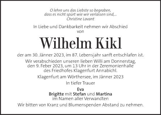 Traueranzeige von Wilhelm Kikl von Kleine Zeitung