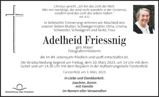 Traueranzeige von Adelheid Friessnig von Kleine Zeitung