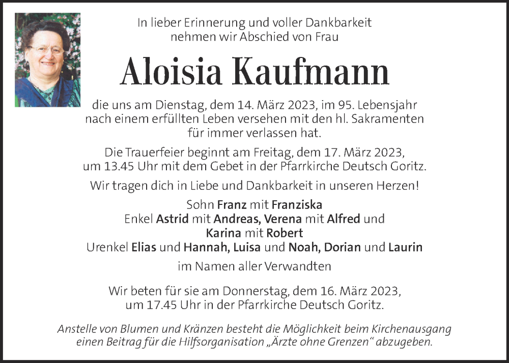  Traueranzeige für Aloisia Kaufmann vom 16.03.2023 aus Kleine Zeitung