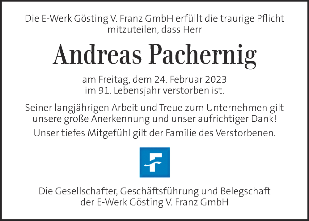  Traueranzeige für Andreas Pachernig vom 03.03.2023 aus Kleine Zeitung