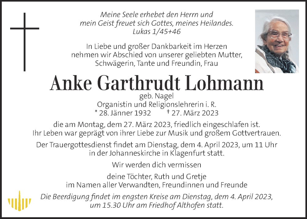  Traueranzeige für Anke Garthrudt Lohmann vom 31.03.2023 aus Kleine Zeitung