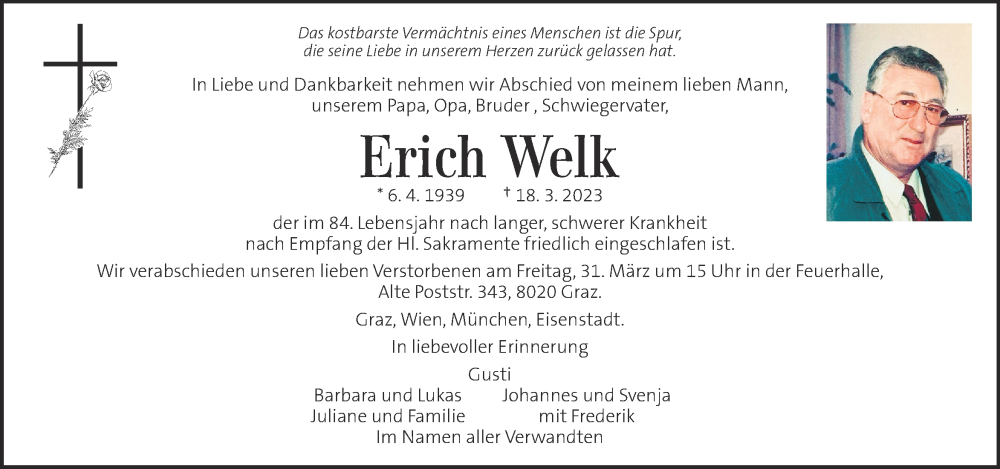  Traueranzeige für Erich Welk vom 26.03.2023 aus Kleine Zeitung
