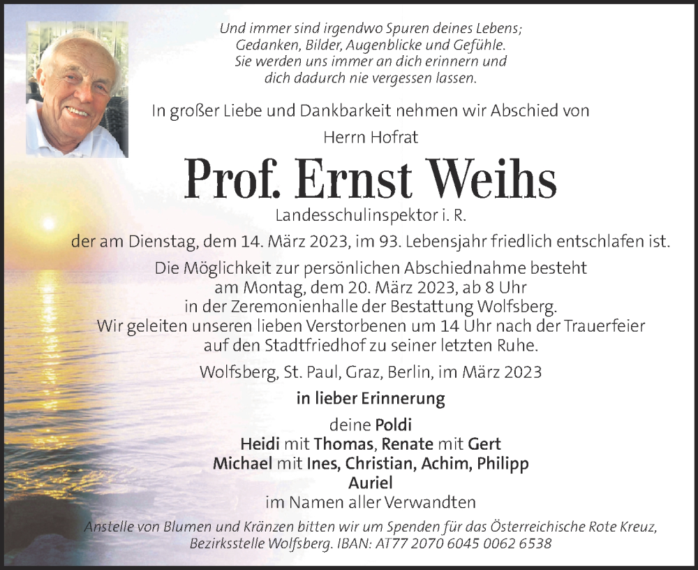  Traueranzeige für Ernst Weihs vom 17.03.2023 aus Kleine Zeitung