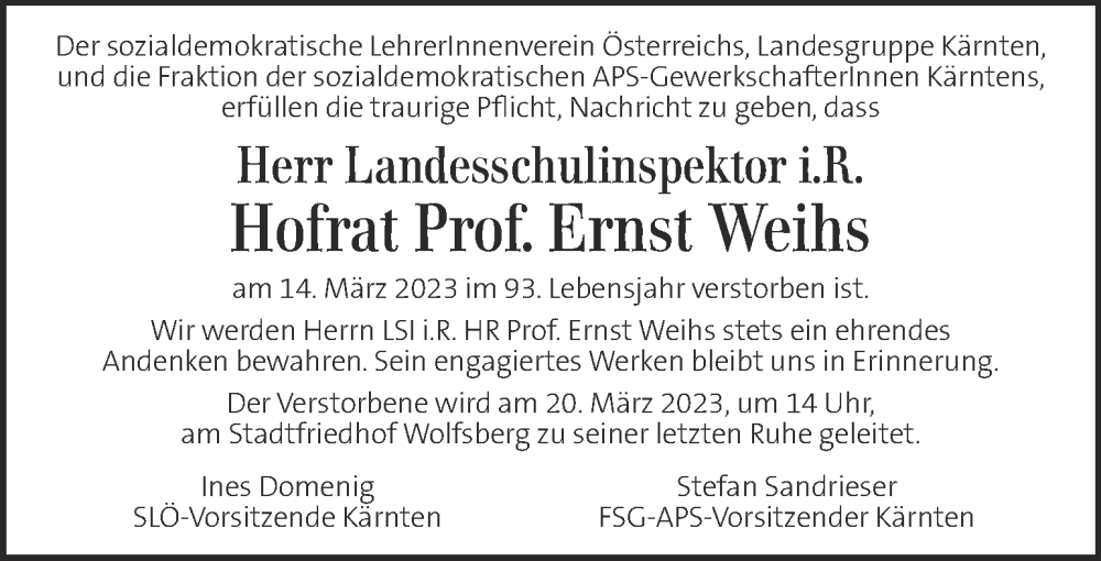 Traueranzeige für Ernst Weihs vom 19.03.2023 aus Kleine Zeitung