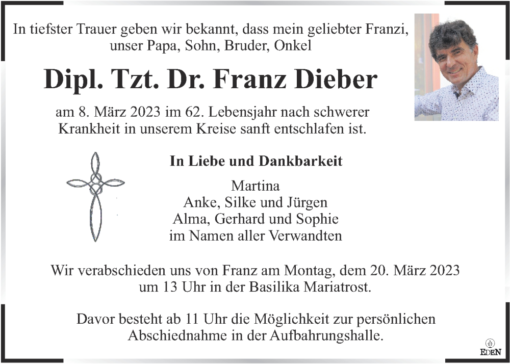  Traueranzeige für Franz Dieber vom 15.03.2023 aus Kleine Zeitung