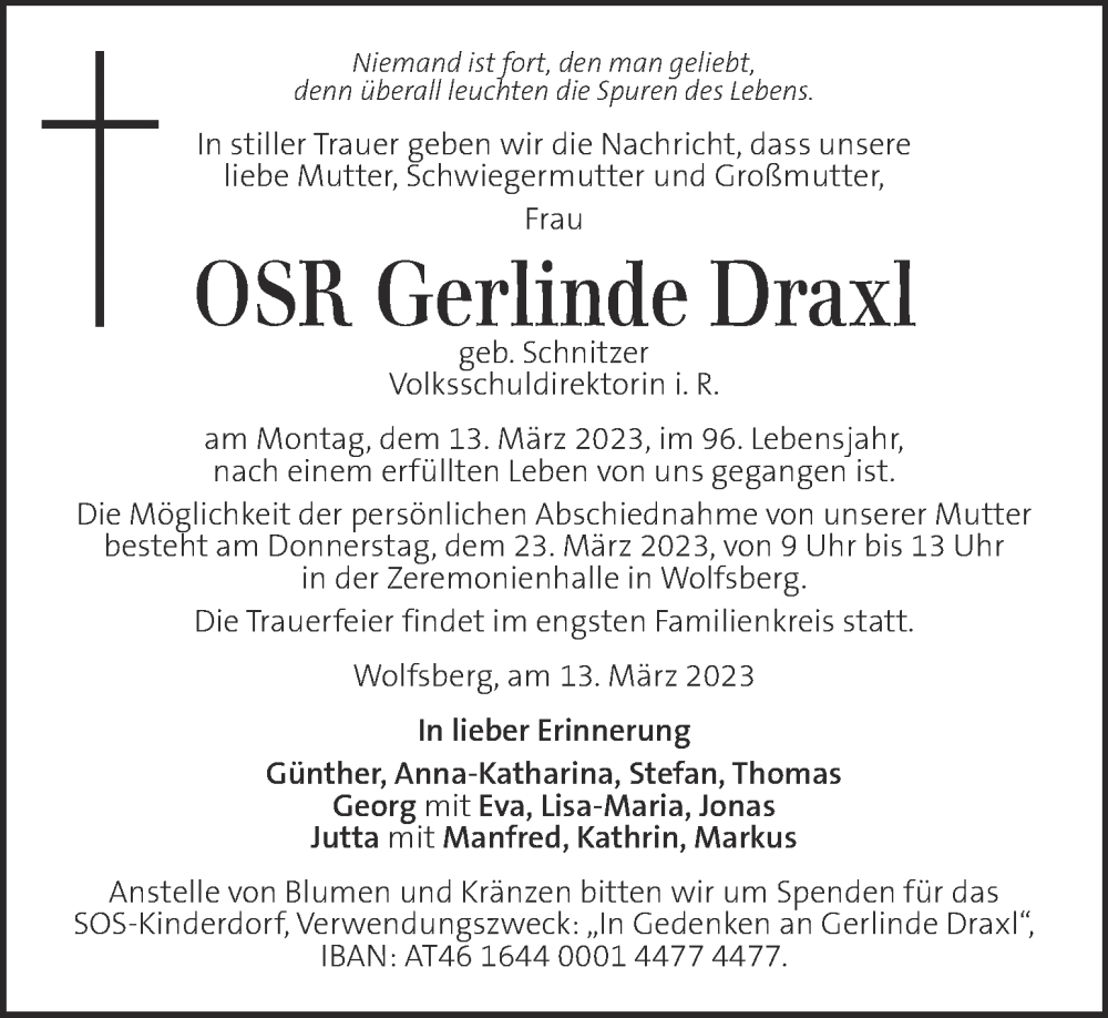  Traueranzeige für Gerlinde Draxl vom 21.03.2023 aus Kleine Zeitung