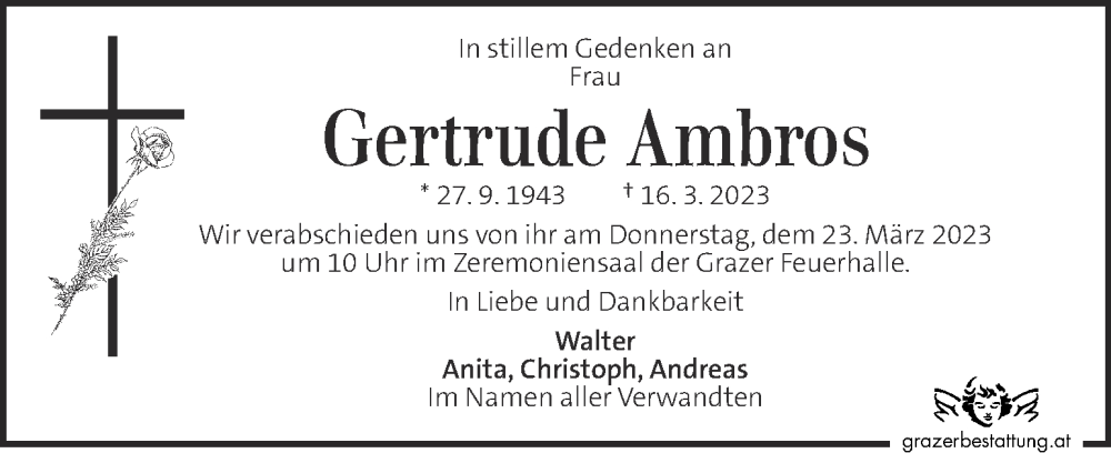  Traueranzeige für Gertrude Ambros vom 19.03.2023 aus Kleine Zeitung