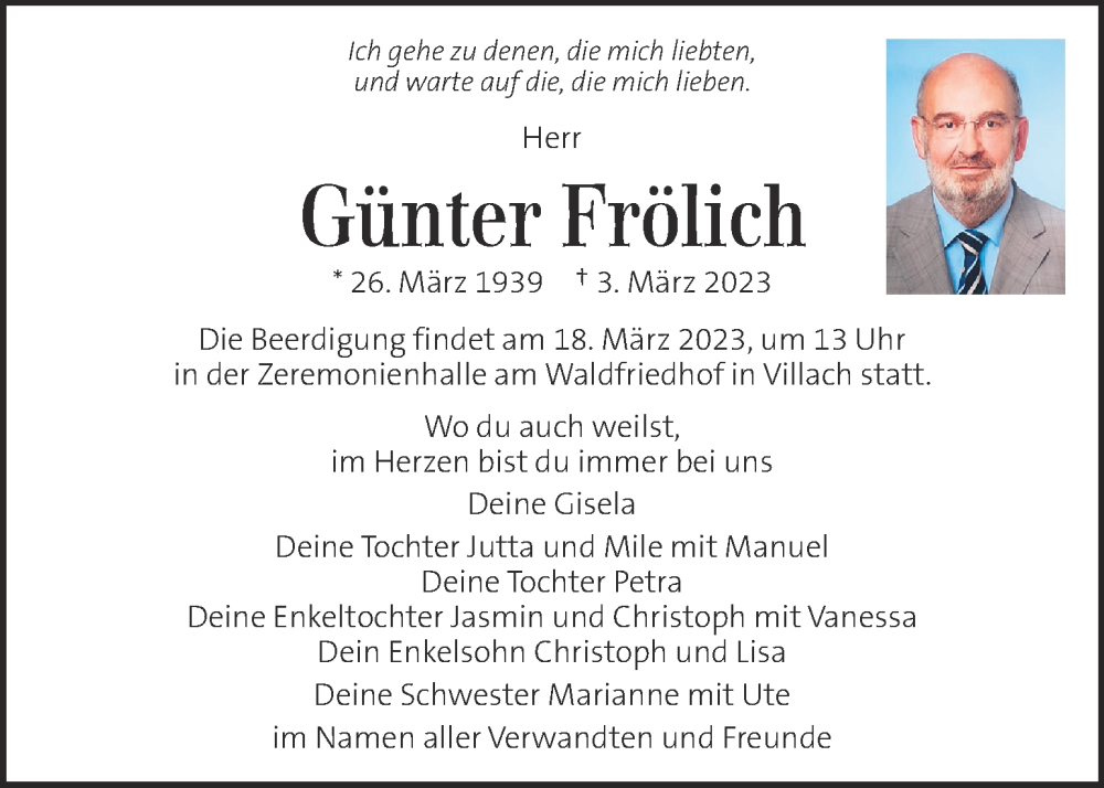  Traueranzeige für Günter Frölich vom 09.03.2023 aus Kleine Zeitung