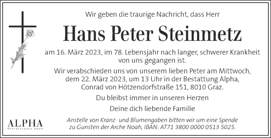 Traueranzeige von Hans Peter Steinmetz von Kleine Zeitung