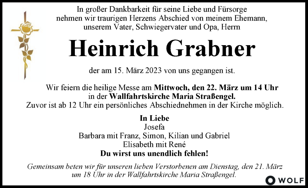  Traueranzeige für Heinrich Grabner vom 19.03.2023 aus Kleine Zeitung