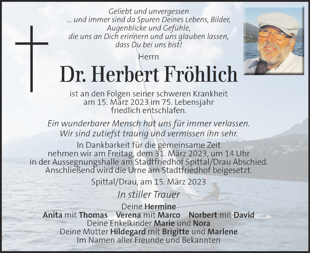  Traueranzeige für Herbert Fröhlich vom 18.03.2023 aus Kleine Zeitung
