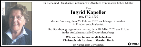 Traueranzeige von Ingrid Kapeller von Kleine Zeitung