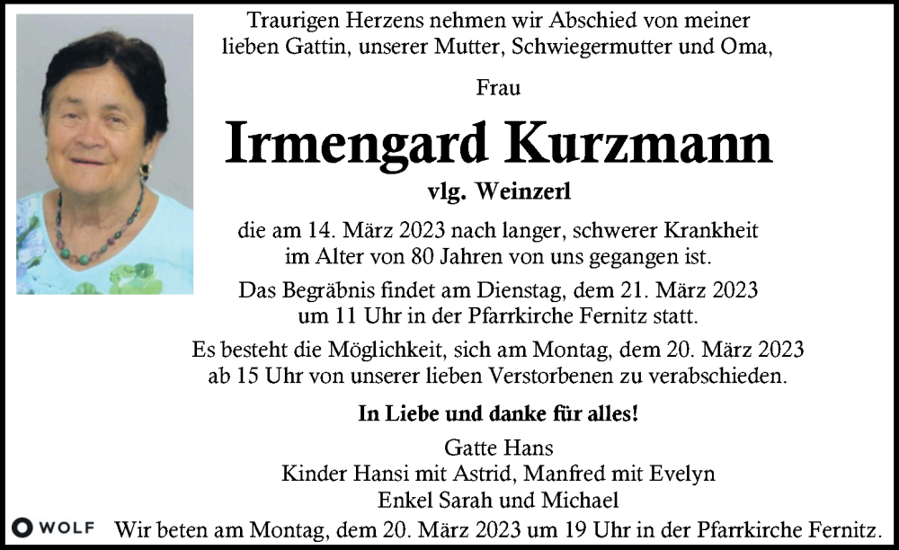  Traueranzeige für Irmengard Kurzmann vom 18.03.2023 aus Kleine Zeitung