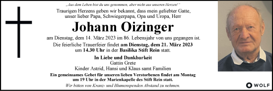 Traueranzeige von Johann Oizinger von Kleine Zeitung