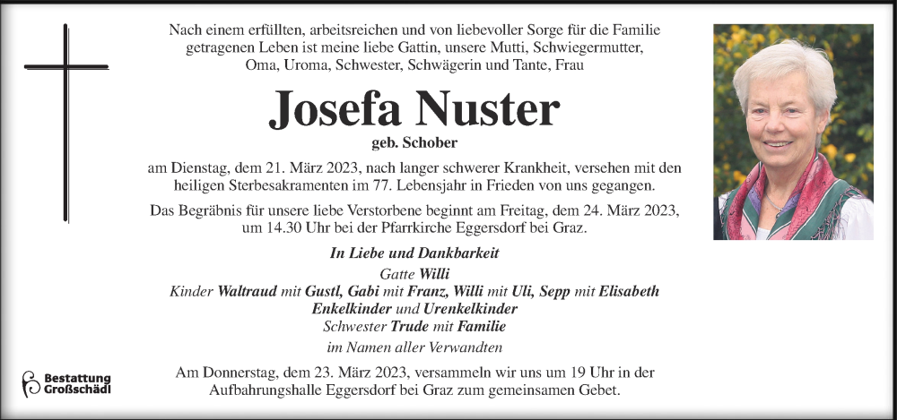  Traueranzeige für Josefa Nuster vom 22.03.2023 aus Kleine Zeitung