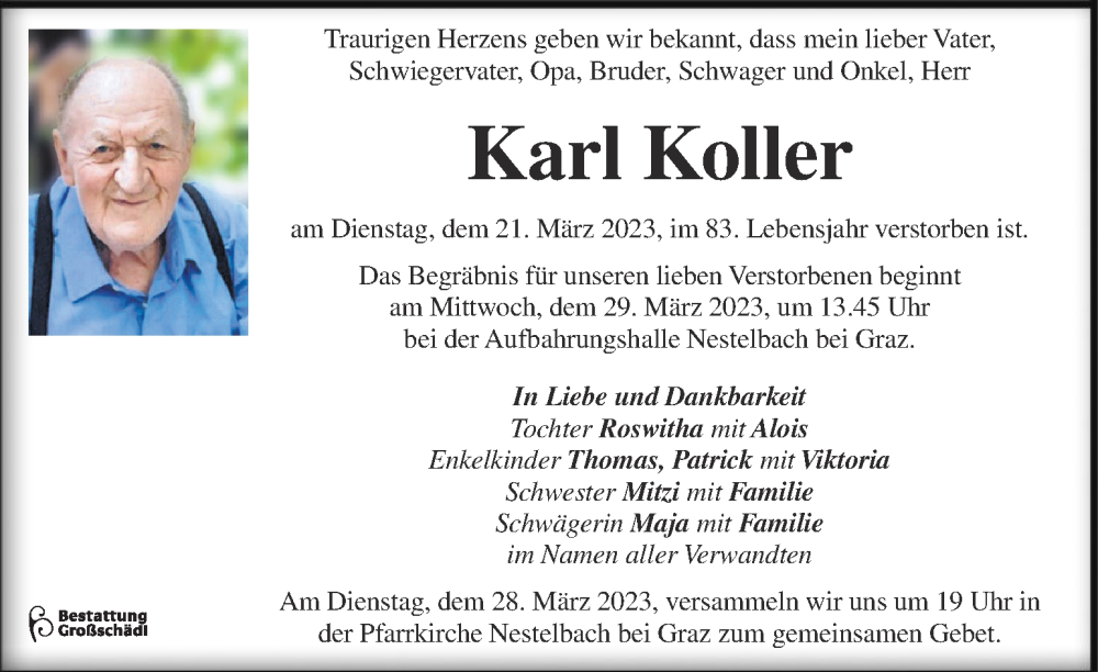  Traueranzeige für Karl Koller vom 25.03.2023 aus Kleine Zeitung