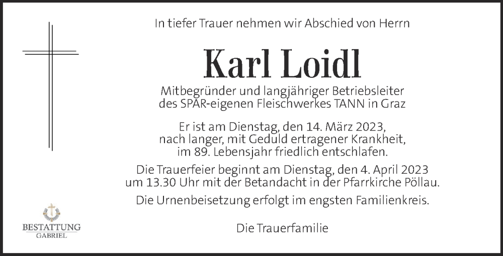  Traueranzeige für Karl Loidl vom 21.03.2023 aus Kleine Zeitung