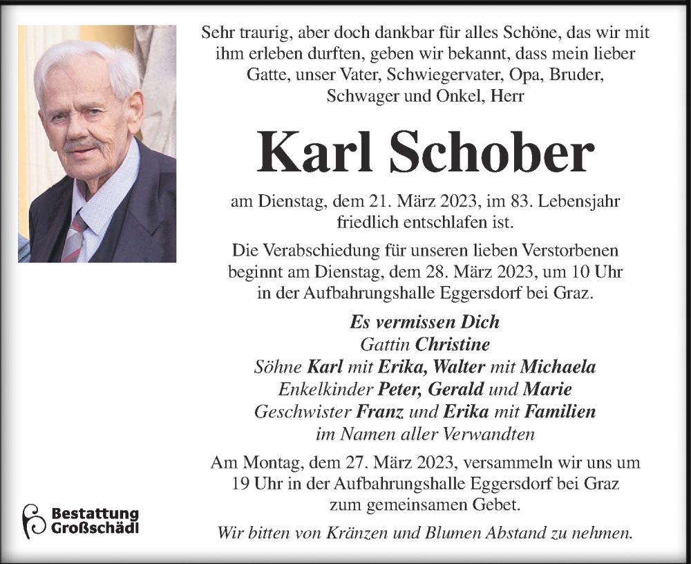  Traueranzeige für Karl Schober vom 24.03.2023 aus Kleine Zeitung