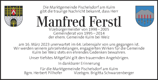 Traueranzeige von Manfred Ferstl von Kleine Zeitung