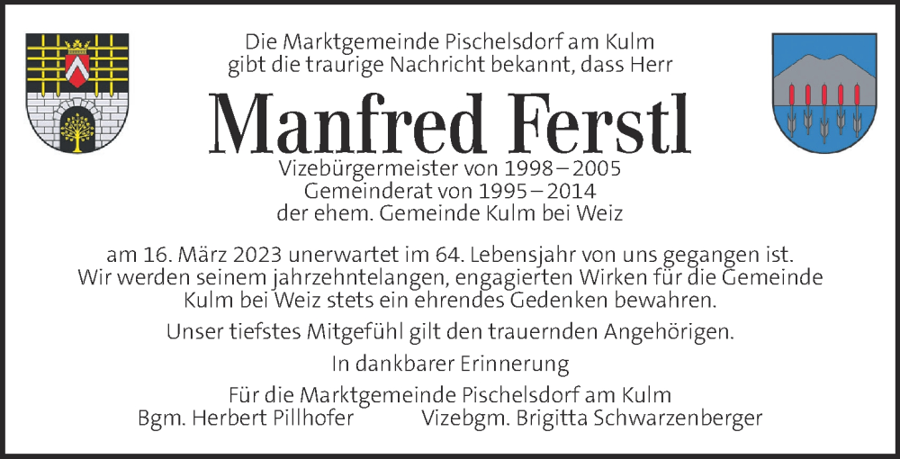  Traueranzeige für Manfred Ferstl vom 18.03.2023 aus Kleine Zeitung