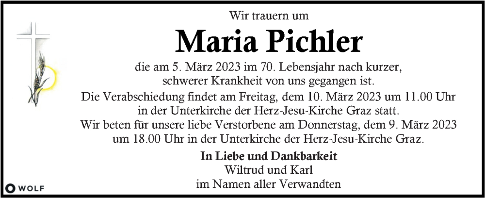  Traueranzeige für Maria Pichler vom 08.03.2023 aus Kleine Zeitung