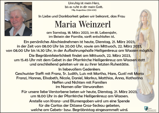 Traueranzeige von Maria Weinzerl von Kleine Zeitung