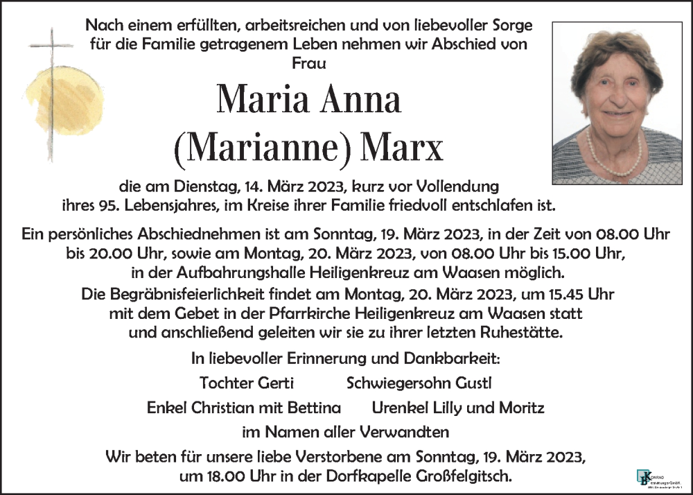  Traueranzeige für Maria Anna Marx vom 17.03.2023 aus Kleine Zeitung