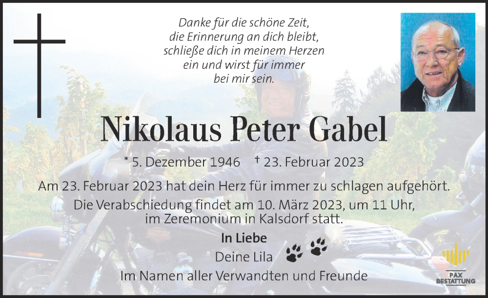  Traueranzeige für Nikolaus Peter Gabel vom 05.03.2023 aus Kleine Zeitung