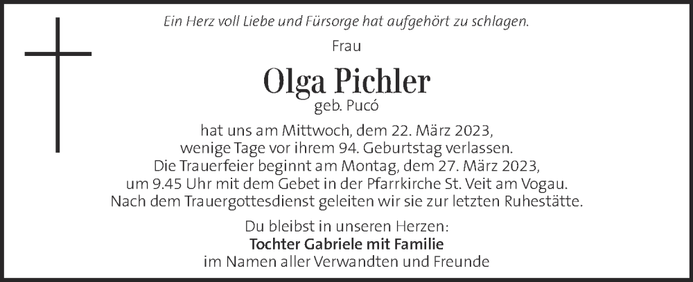  Traueranzeige für Olga Pichler vom 25.03.2023 aus Kleine Zeitung