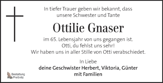 Traueranzeige von Ottilie Gnaser von Kleine Zeitung