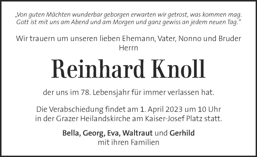  Traueranzeige für Reinhard Knoll vom 15.03.2023 aus Kleine Zeitung