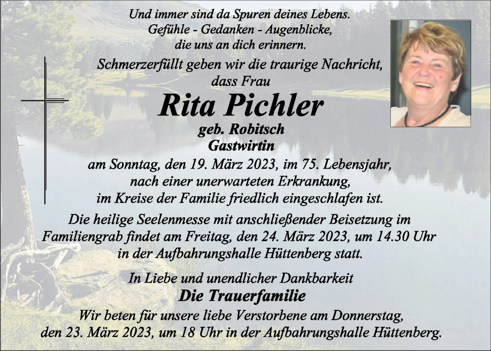  Traueranzeige für Rita Pichler vom 22.03.2023 aus Kleine Zeitung