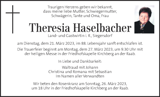 Traueranzeige von Theresia Haselbacher von Kleine Zeitung
