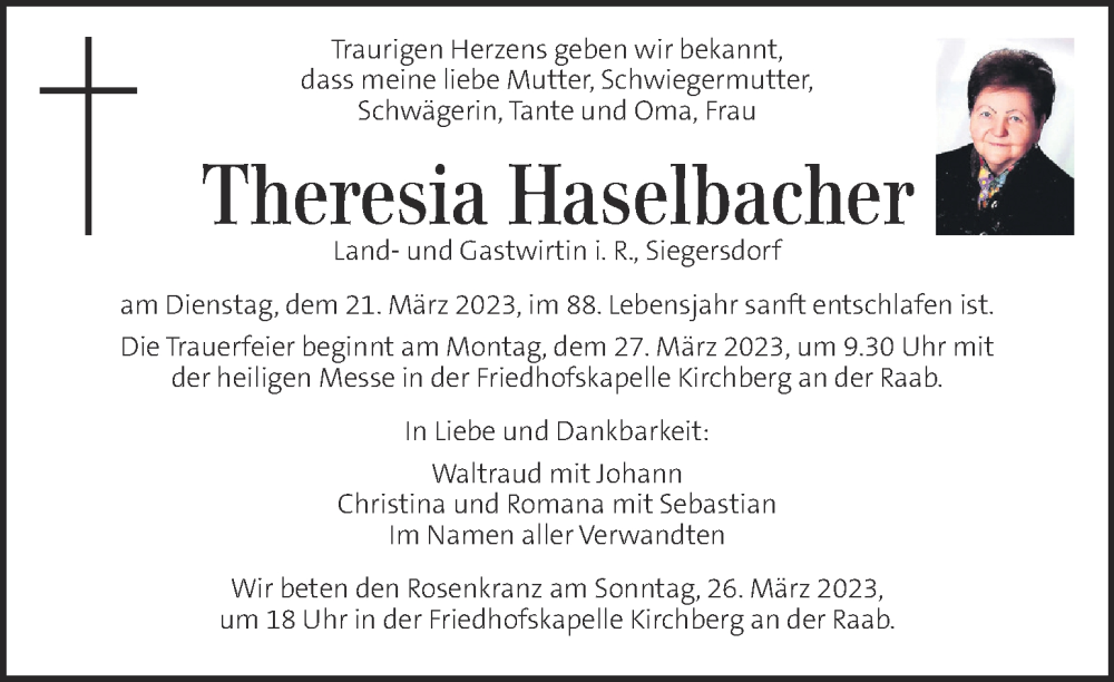 Traueranzeige für Theresia Haselbacher vom 25.03.2023 aus Kleine Zeitung