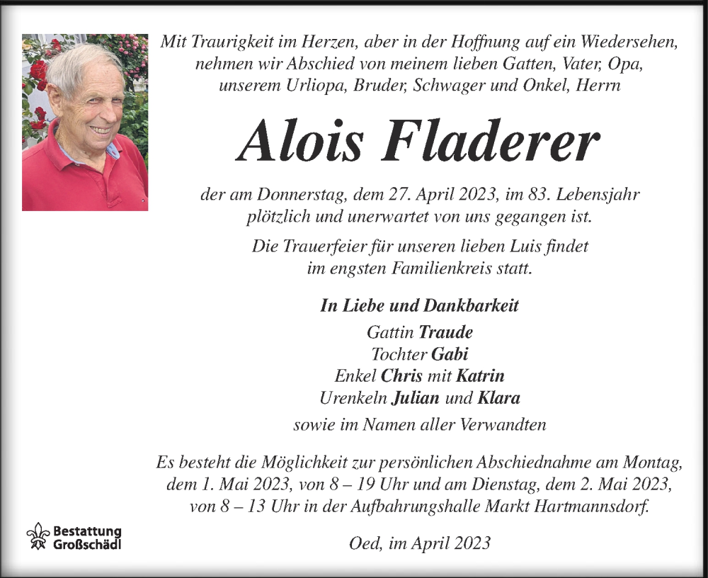  Traueranzeige für Alois Fladerer vom 30.04.2023 aus Kleine Zeitung