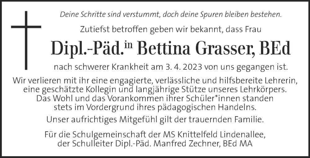  Traueranzeige für Bettina Grasser vom 06.04.2023 aus Kleine Zeitung