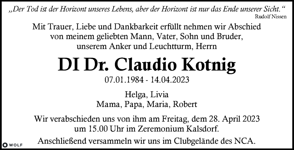  Traueranzeige für Claudio Kotnig vom 22.04.2023 aus Kleine Zeitung