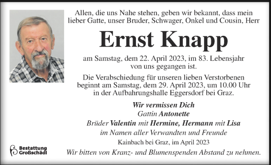 Traueranzeige von Ernst Knapp von Kleine Zeitung