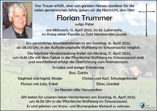 Traueranzeige von Florian Trummer von Kleine Zeitung