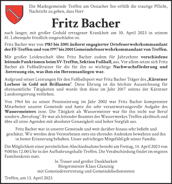 Traueranzeige von Fritz Bacher von Kleine Zeitung