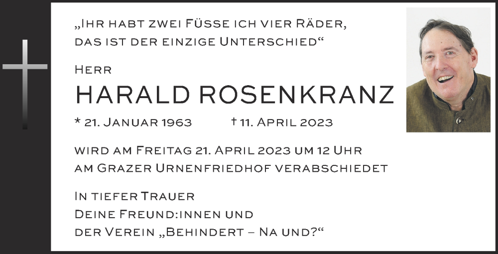  Traueranzeige für Harald Rosenkranz vom 20.04.2023 aus Kleine Zeitung