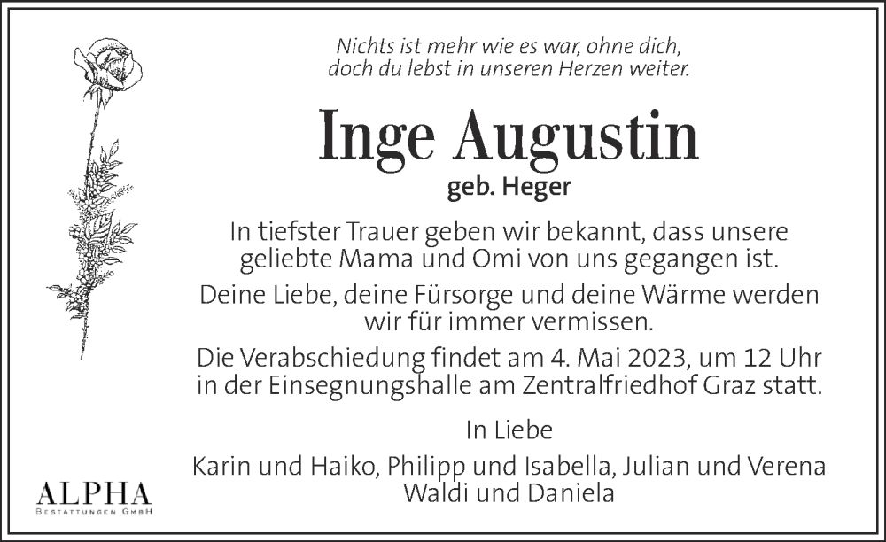  Traueranzeige für Inge Augustin vom 23.04.2023 aus Kleine Zeitung