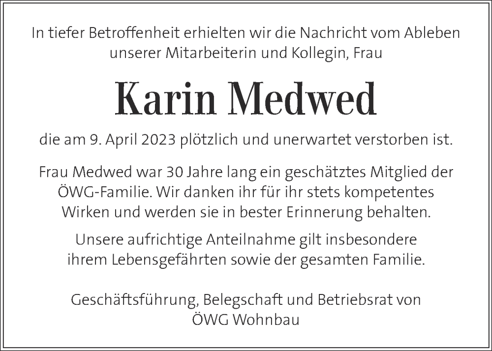 Traueranzeige für Karin Medwed vom 19.04.2023 aus Kleine Zeitung
