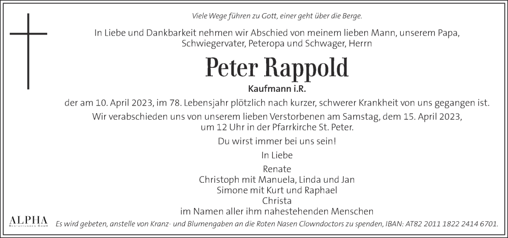  Traueranzeige für Peter Rappold vom 13.04.2023 aus Kleine Zeitung