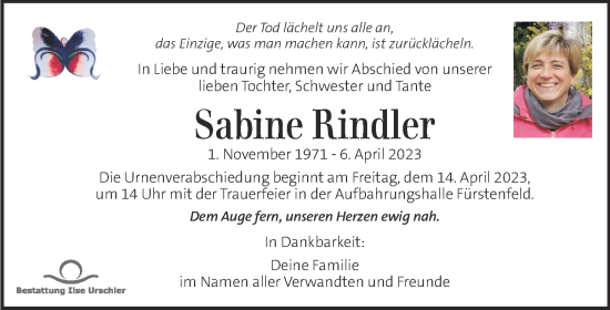 Traueranzeige von Sabine Rindler von Kleine Zeitung