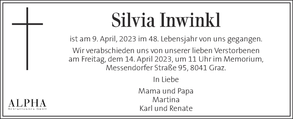  Traueranzeige für Silvia Inwinkl vom 12.04.2023 aus Kleine Zeitung
