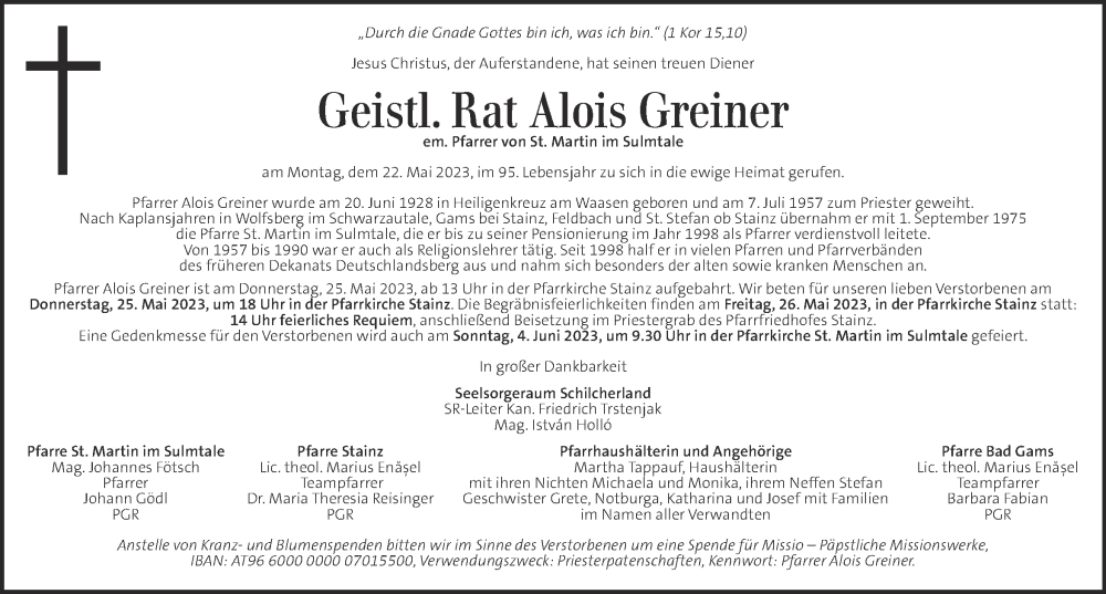  Traueranzeige für Alois Greiner vom 25.05.2023 aus Kleine Zeitung