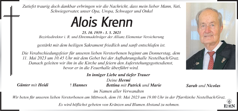  Traueranzeige für Alois Krenn vom 06.05.2023 aus Kleine Zeitung