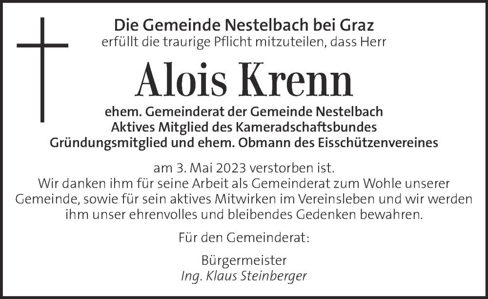  Traueranzeige für Alois Krenn vom 07.05.2023 aus Kleine Zeitung