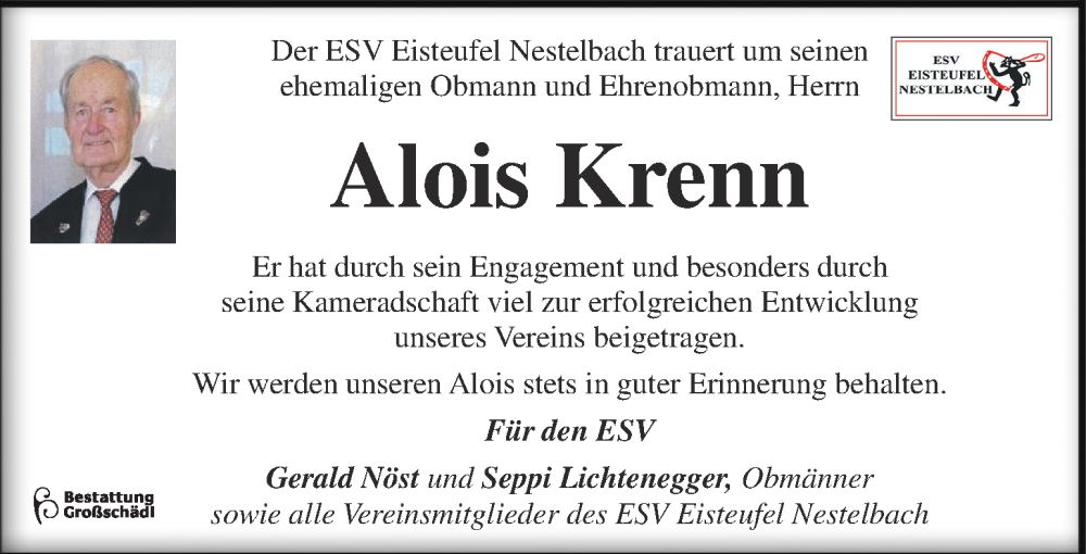  Traueranzeige für Alois Krenn vom 09.05.2023 aus Kleine Zeitung